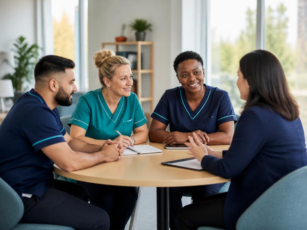 Mashall care team discussing staffing plans in a modern office